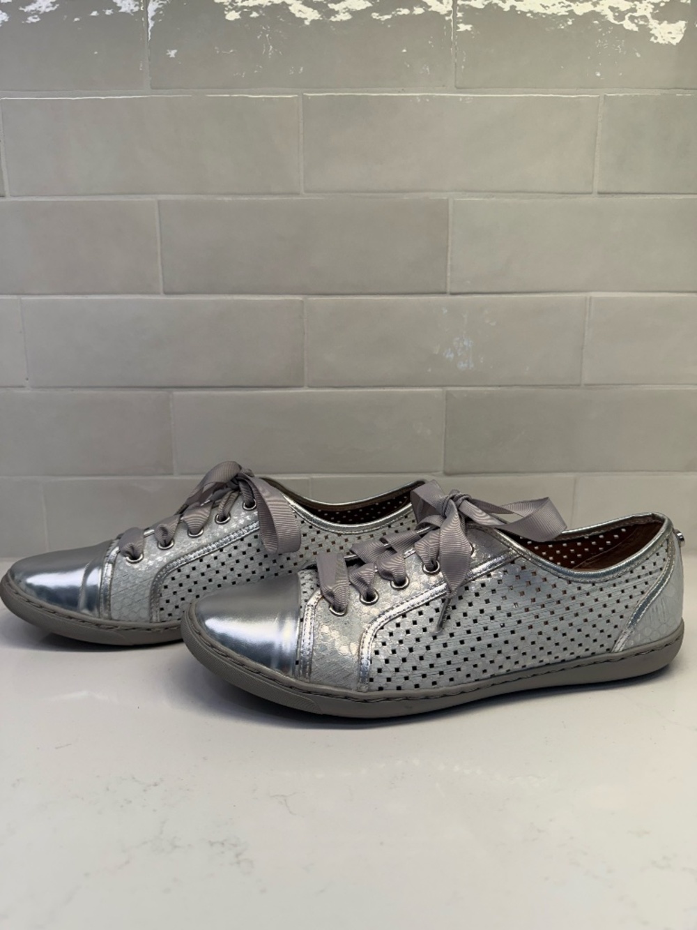 Donald J. Pliner Silver Snakeskin Sneakers Size 8.5